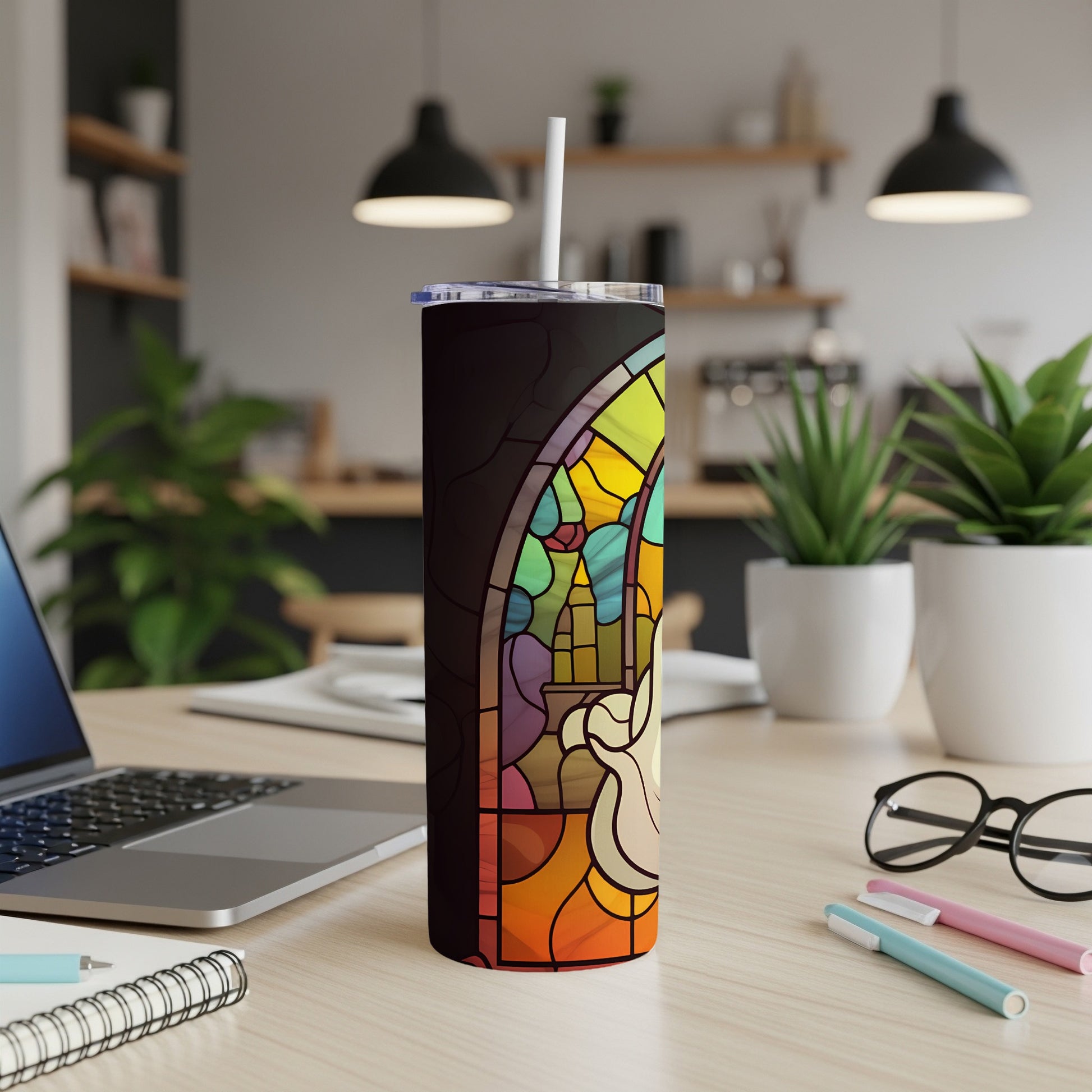 Tumbler with stained glass design featuring a white dove and colorful light.