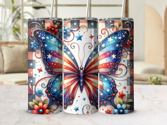 Patriotic butterfly and floral pattern on three tumblers with straws.