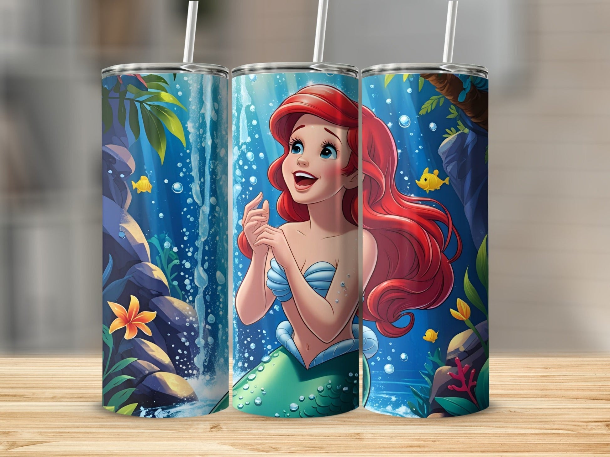 Ariel the Little Mermaid in a lush underwater scene with fish and coral.