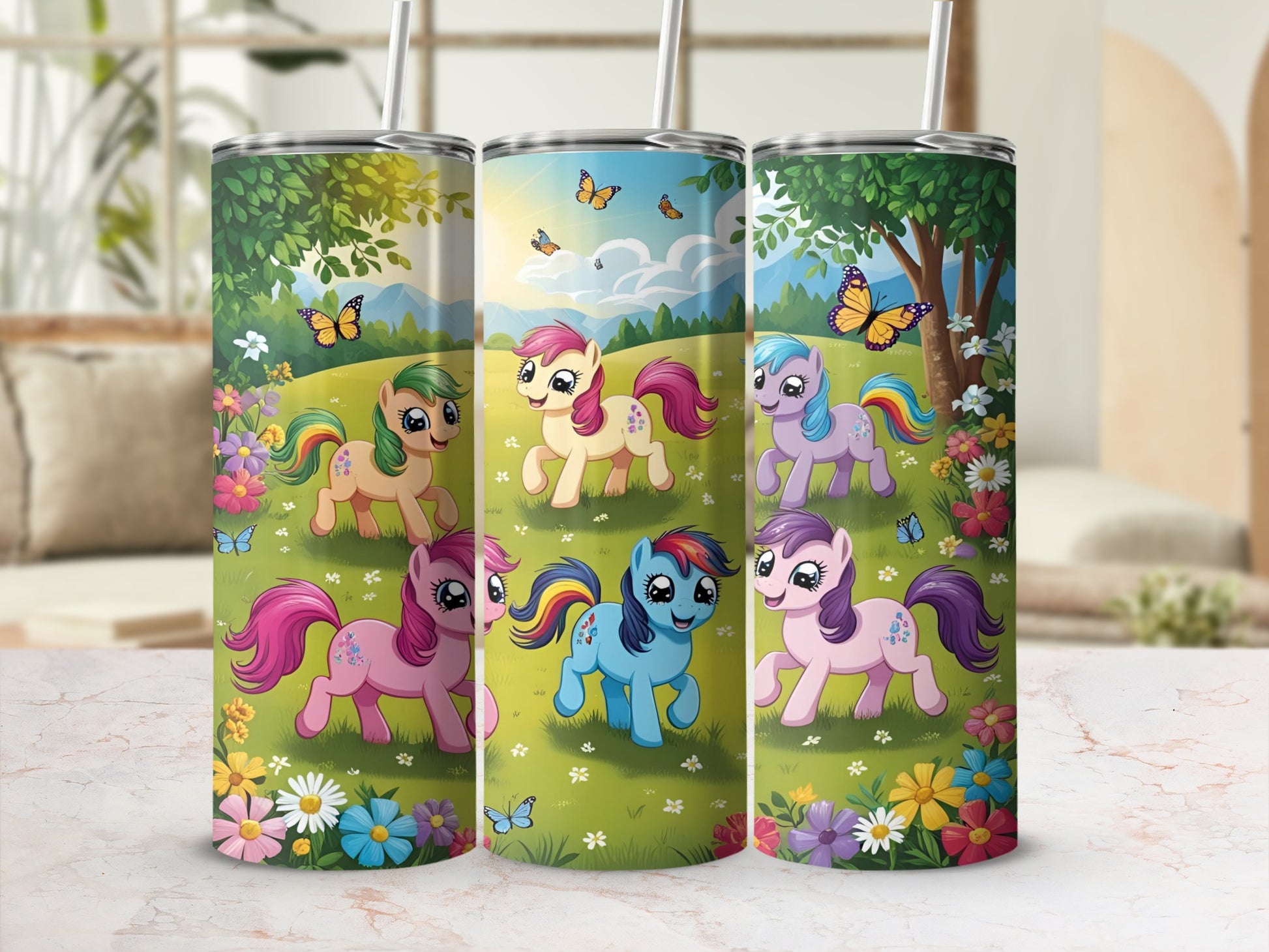 Three colorful cartoon ponies in a grassy field with butterflies and flowers.