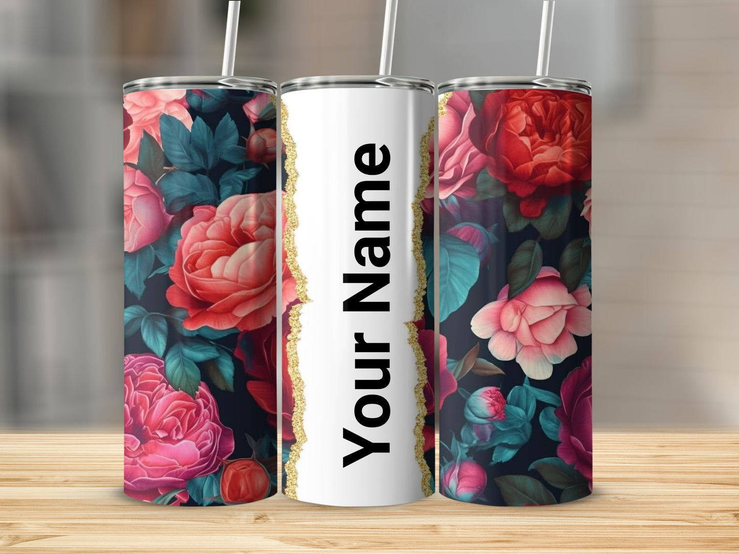 Personalized Floral Insulated Tumbler With Straw Design