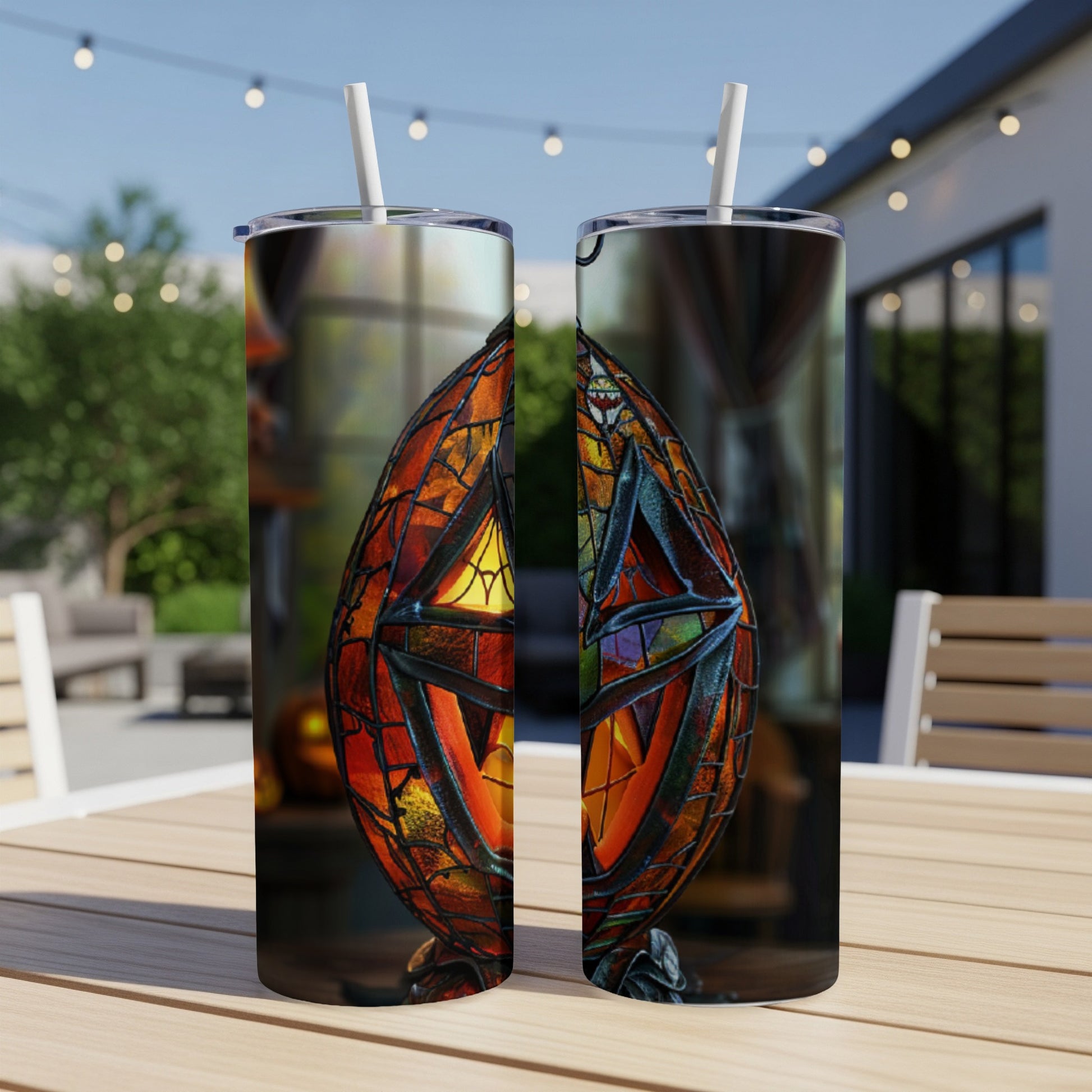 Two tumblers featuring a stained-glass pumpkin design with warm light glowing within.
