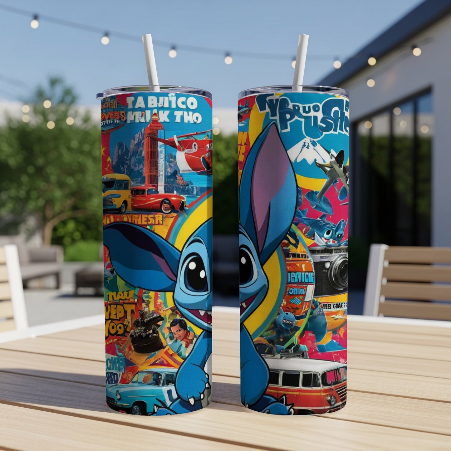 Two Disney Stitch tumblers with retro pop art patterns and cartoon characters.