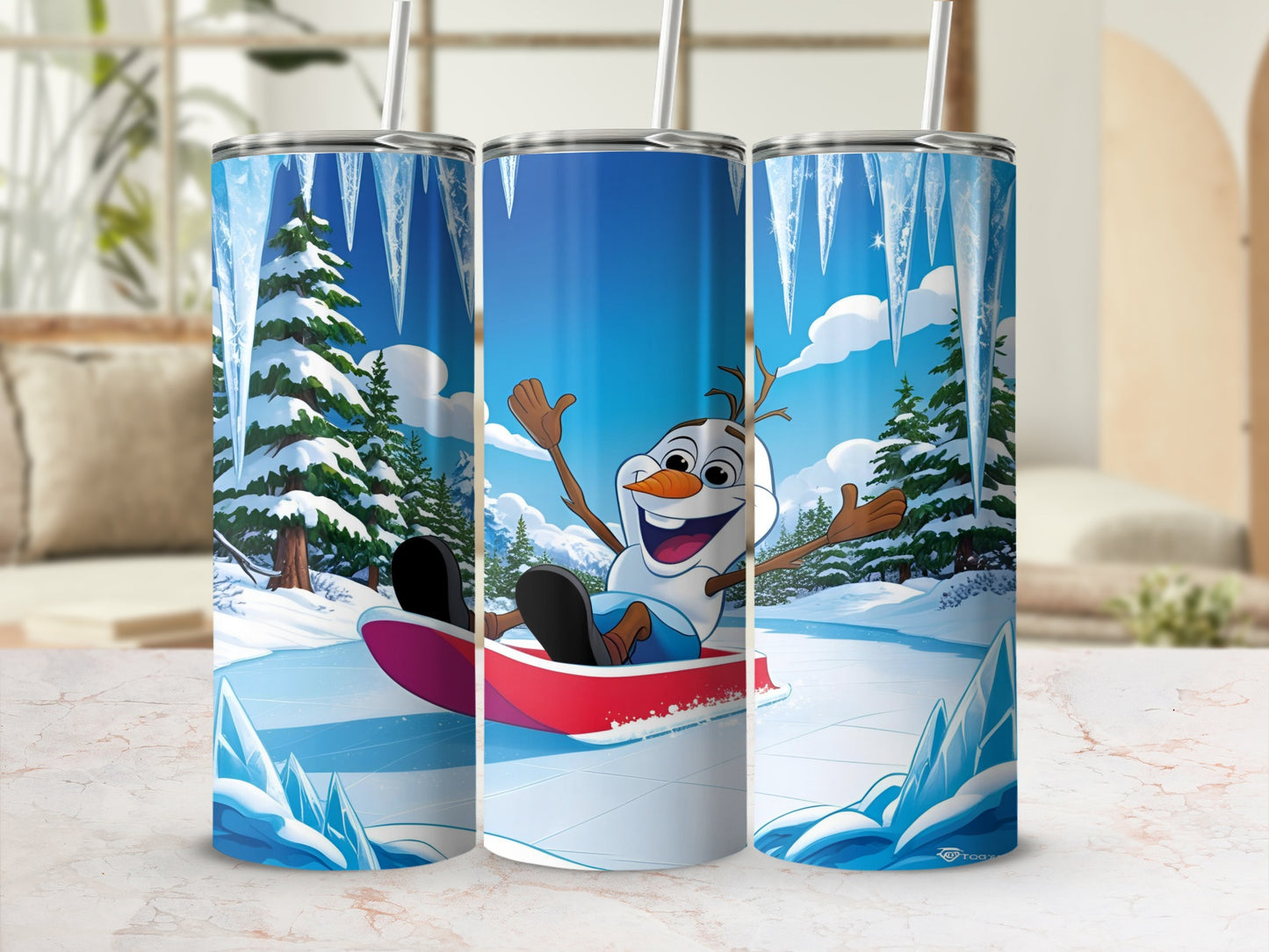 Olaf from Frozen sledding down an icy hill with snowy trees.