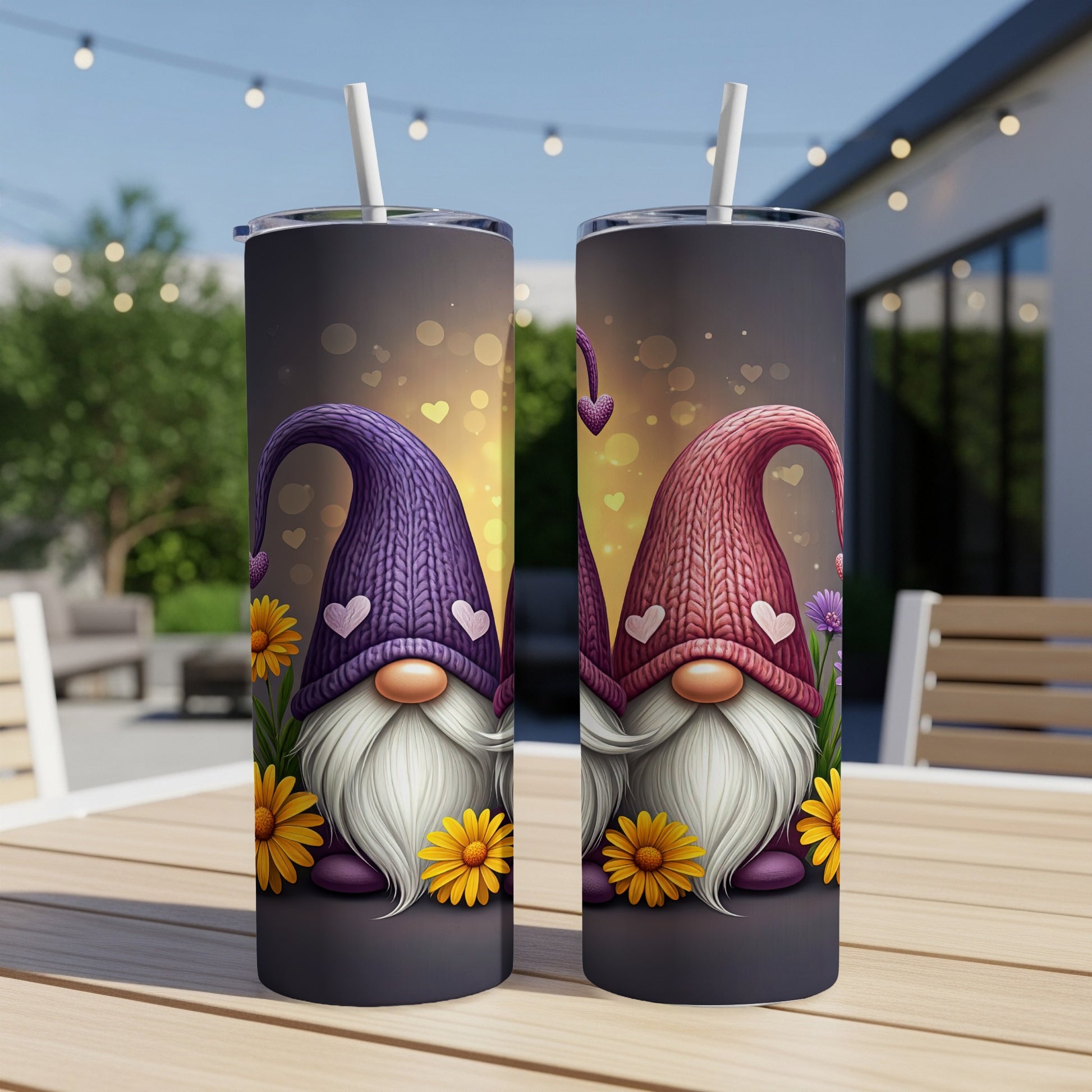 Two gnomes with heart accents on tumblers, one purple hat, one pink hat.