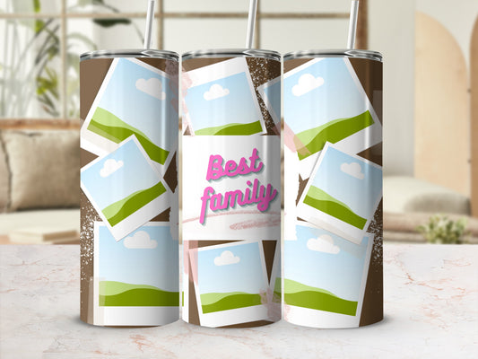 Tumbler with "Best family" text and scattered landscape photo frames.