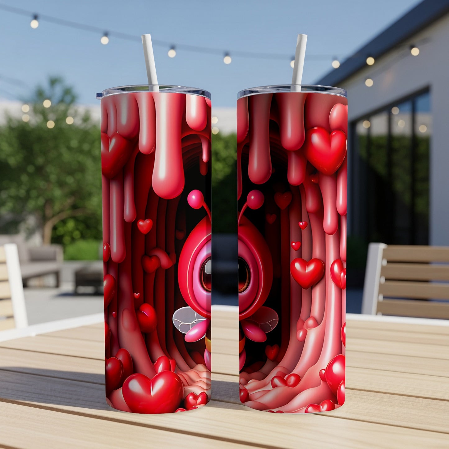 Red and pink heart pattern on two tumblers with straws on a table.