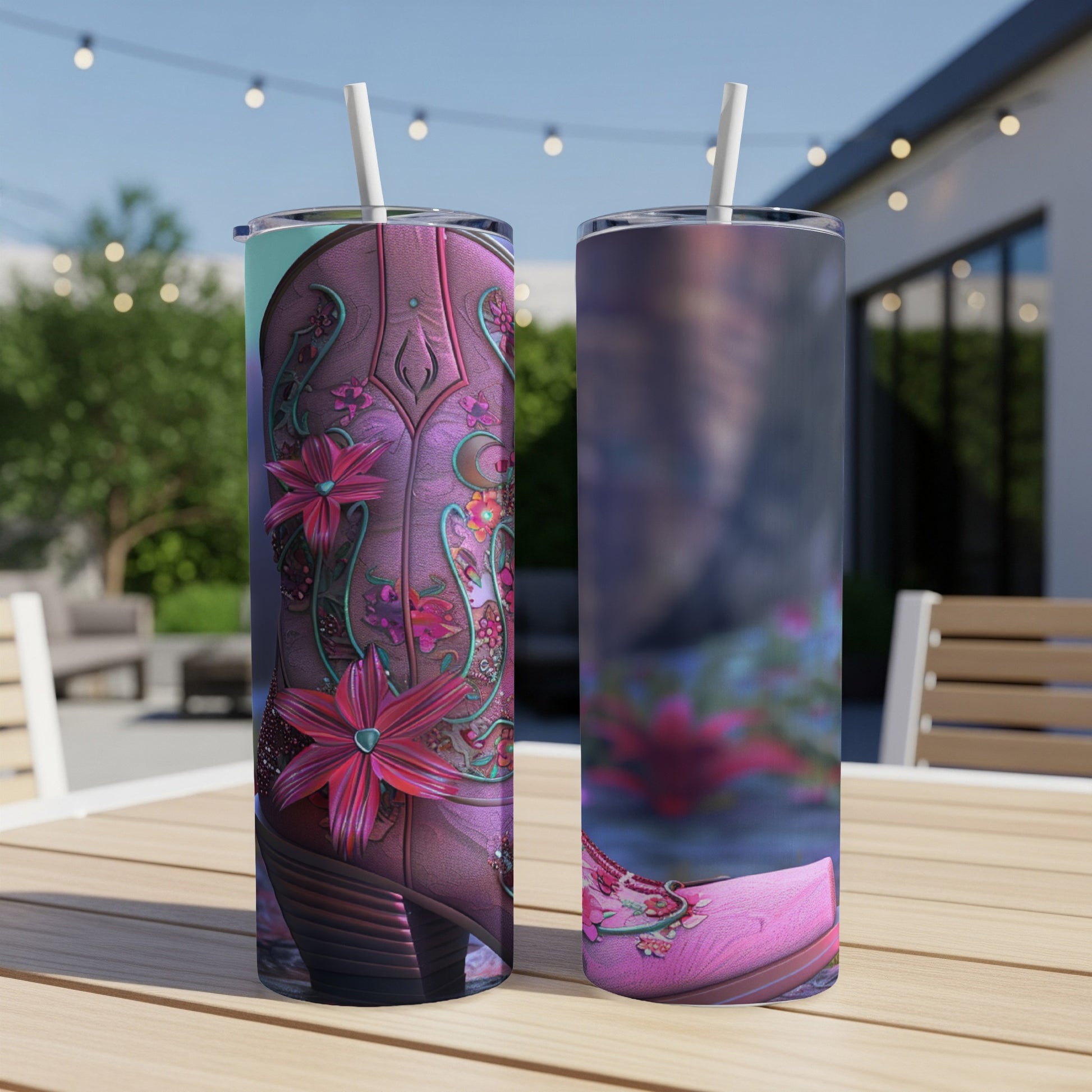 Two cowboy boots with floral designs and straws, displayed on a table.