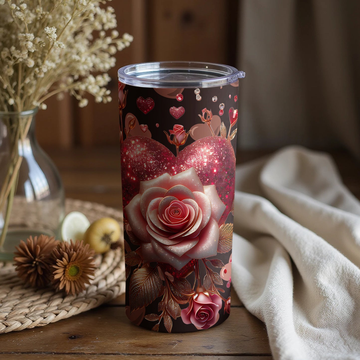 Sparkling Romantic Roses and Hearts Tumbler Cup