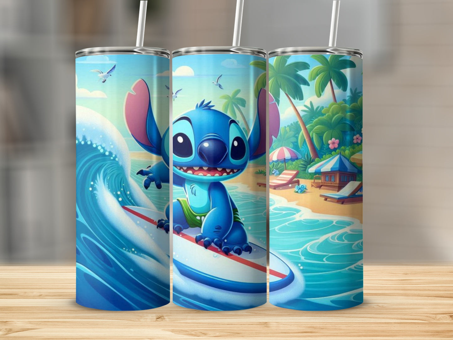 Stitch Surfing Beach Tumbler with Tropical Design