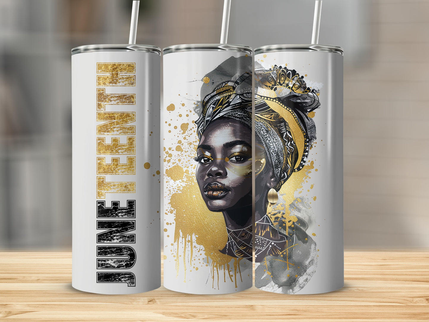 Juneteenth tumbler with a regal Black woman adorned in gold and black.