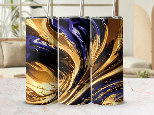 Three tumblers with abstract gold and deep blue marbled patterns.