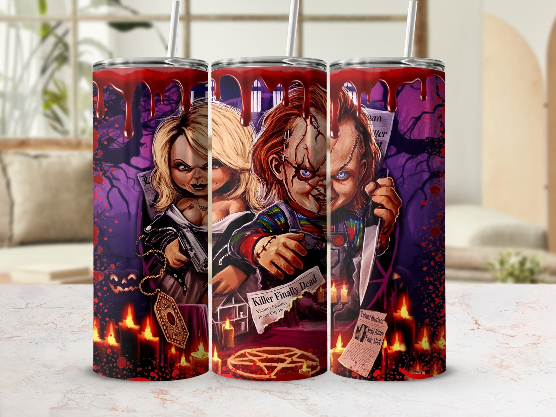 Tumblers feature Chucky and Tiffany with blood, candles, and newspaper headlines.