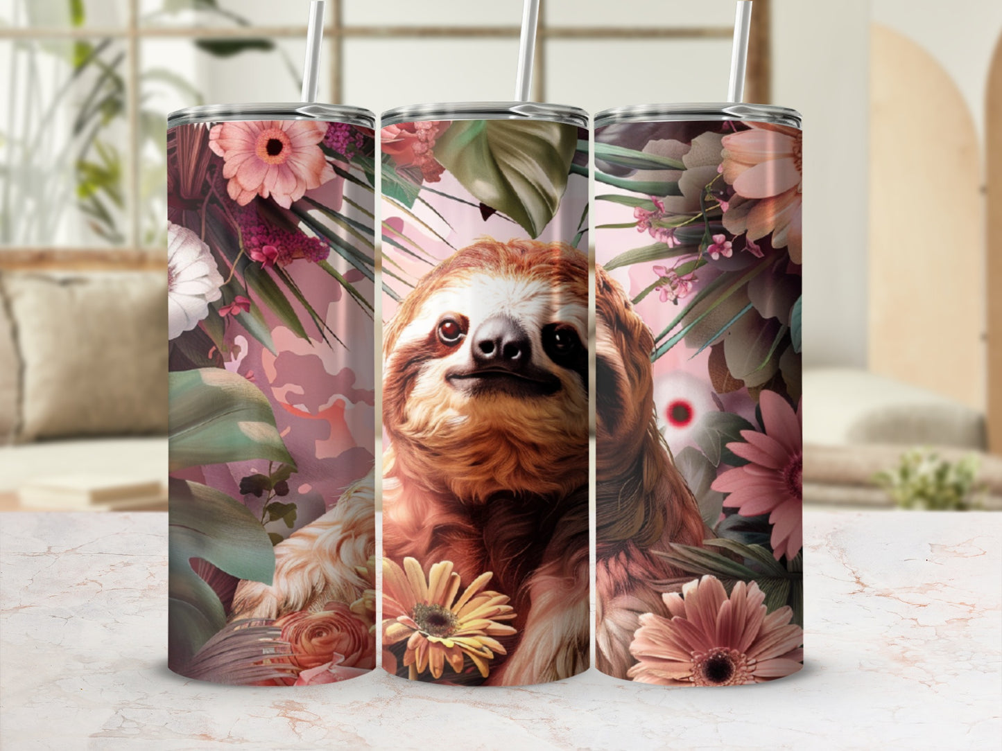 Sloth face surrounded by tropical flowers and leaves.