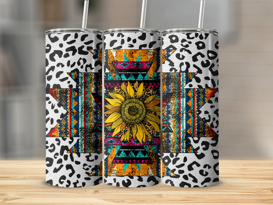 Three tumblers with leopard print, geometric patterns, and a sunflower.