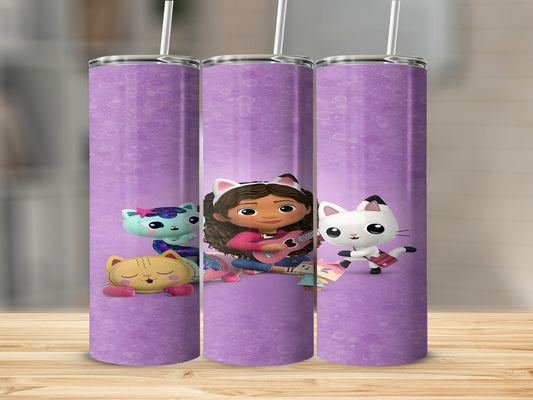 Gabby's Dollhouse characters on a purple patterned tumbler.
