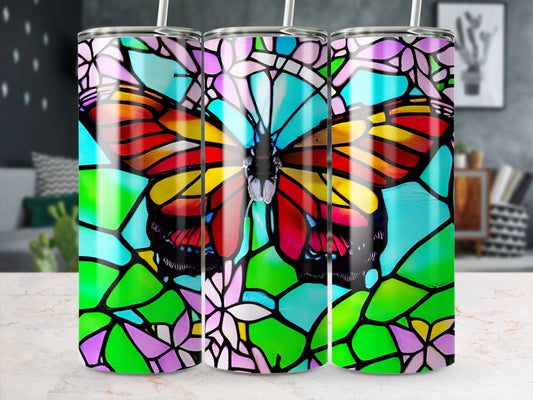 Stained glass butterfly with colorful wings on a floral background.