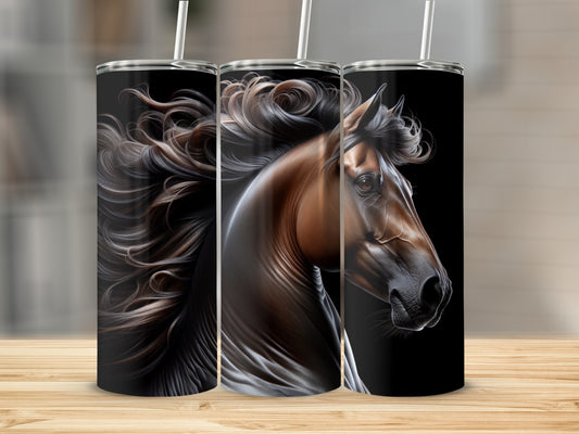 Brown horse head with flowing mane on three tumblers.