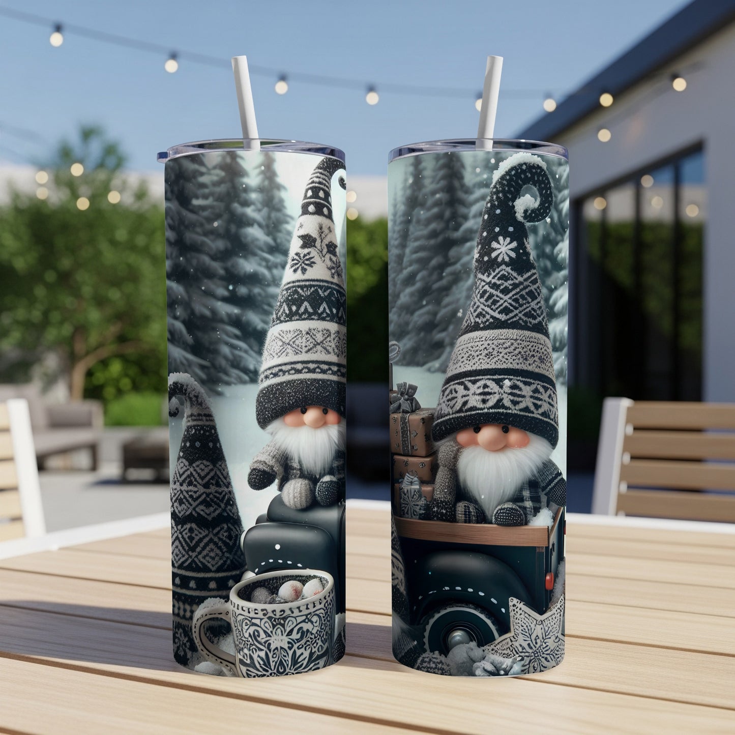 Two tumblers featuring gnomes in festive hats with gifts and hot chocolate.