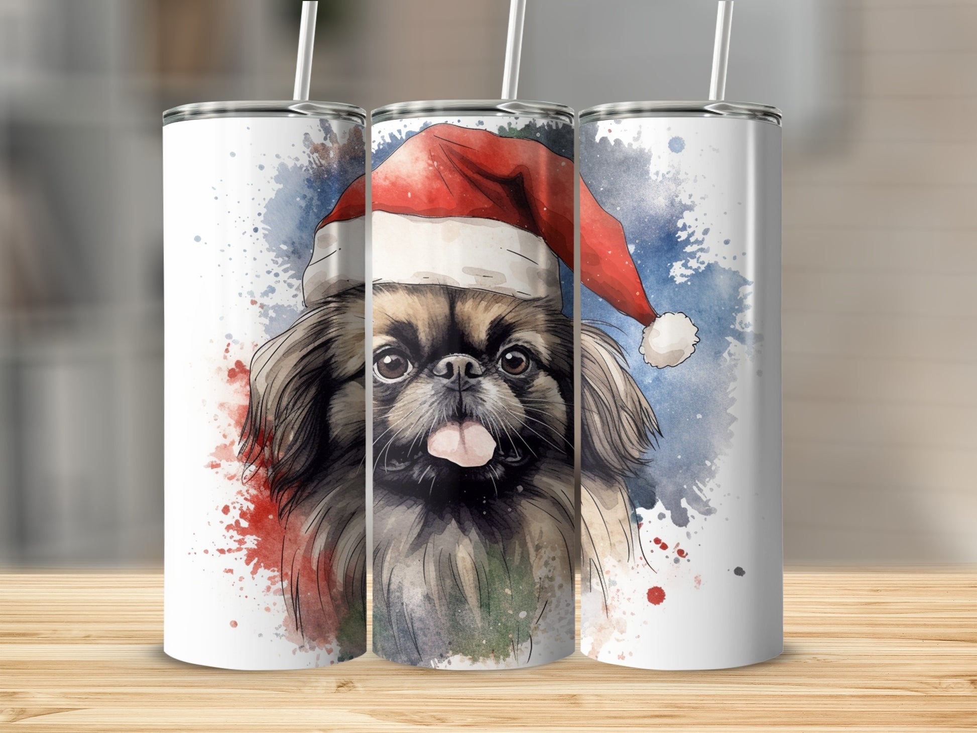 Watercolor Pekingese dog in Santa hat on a tumbler.
