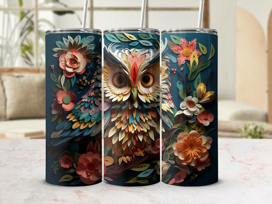 Triptych of tumblers featuring a colorful owl and floral art.