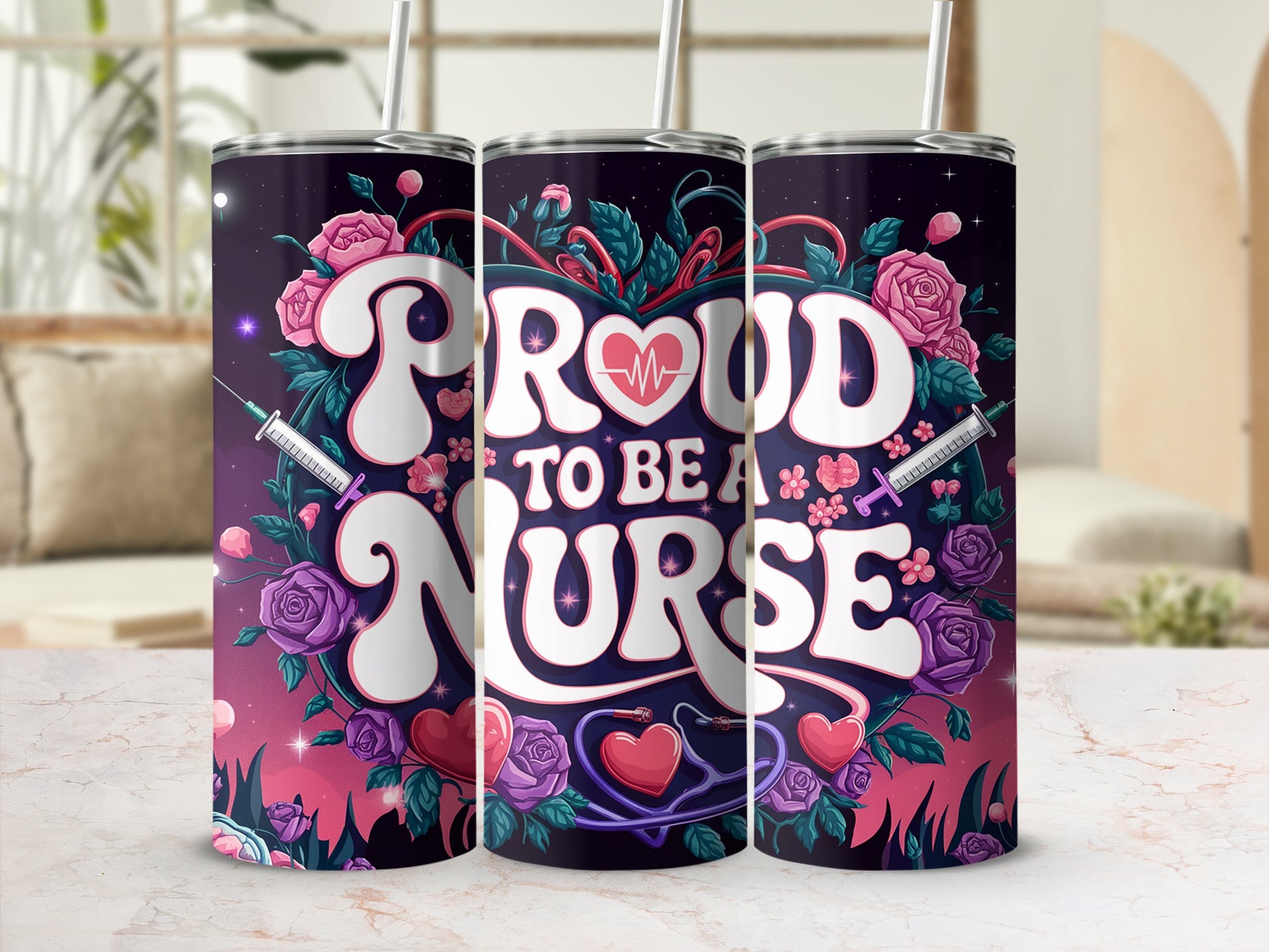 Proud to be a Nurse tumbler with medical graphics and floral accents.