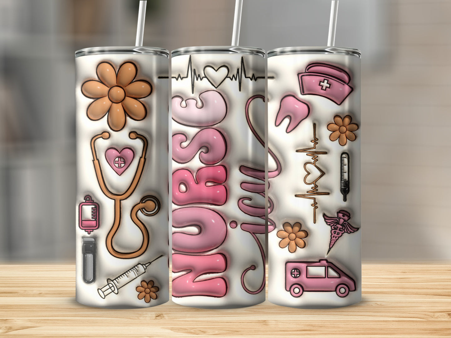Nurse tumbler with medical icons: stethoscope, syringe, tooth, heartbeat, ambulance.