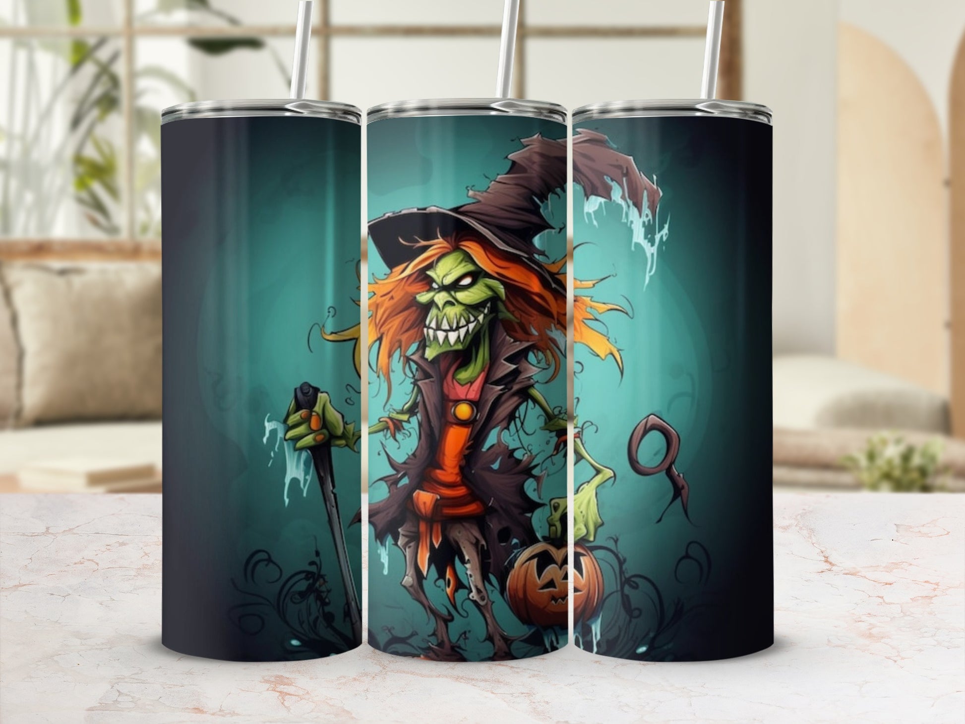 Tumbler with a cartoon witch holding a staff and pumpkin on a teal background.