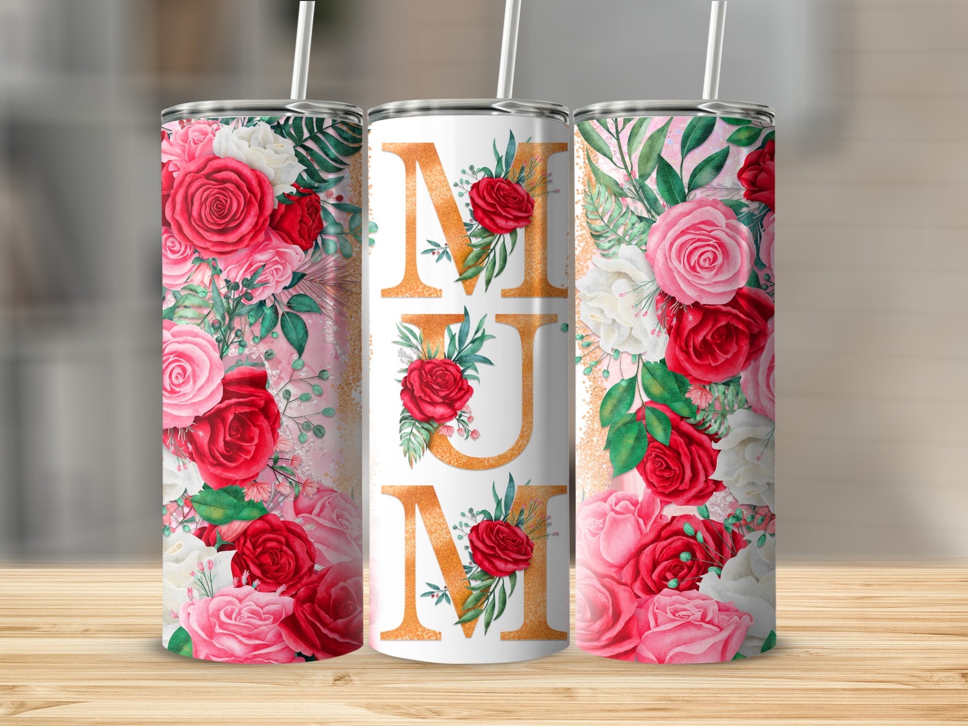 Floral tumbler with "MUM" text in gold glitter and leaves.