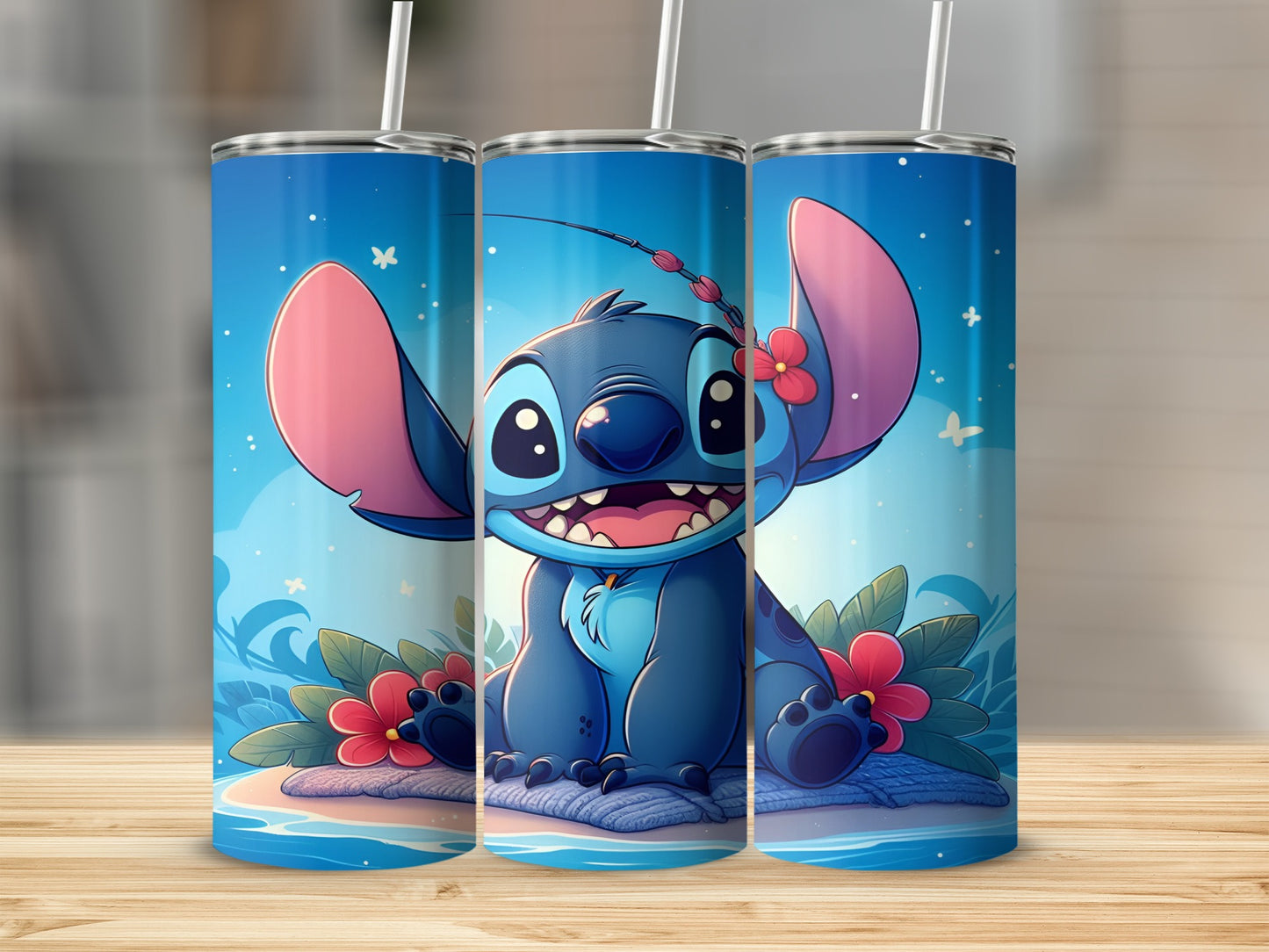 Cartoon Stitch character with flowers on a beach.