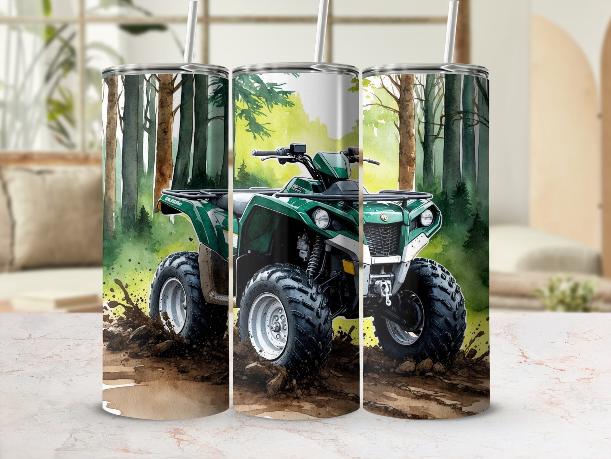 Green ATV riding through a muddy forest trail.