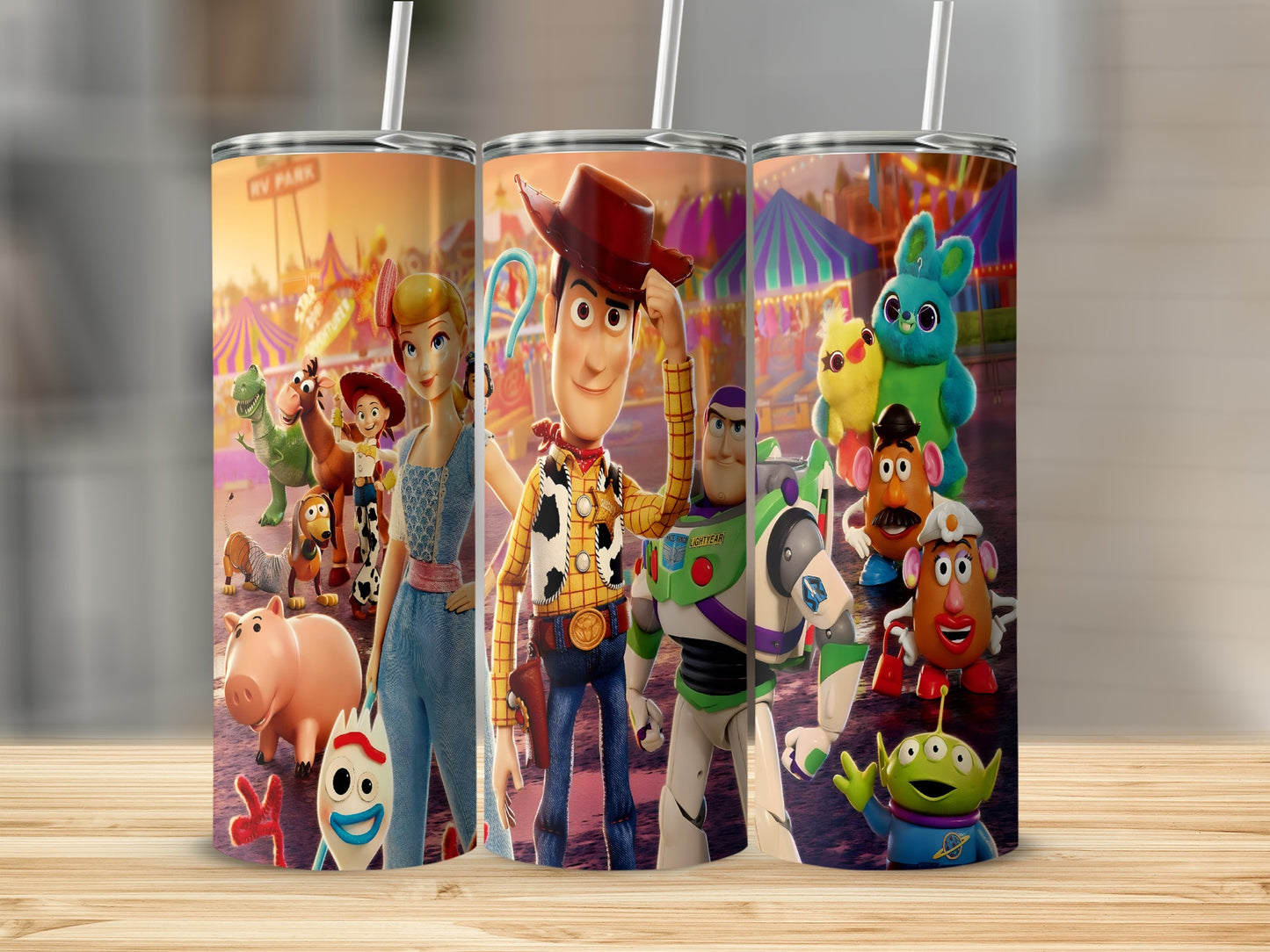 Toy Story characters Woody, Bo Peep, Buzz Lightyear, and others on a tumbler.