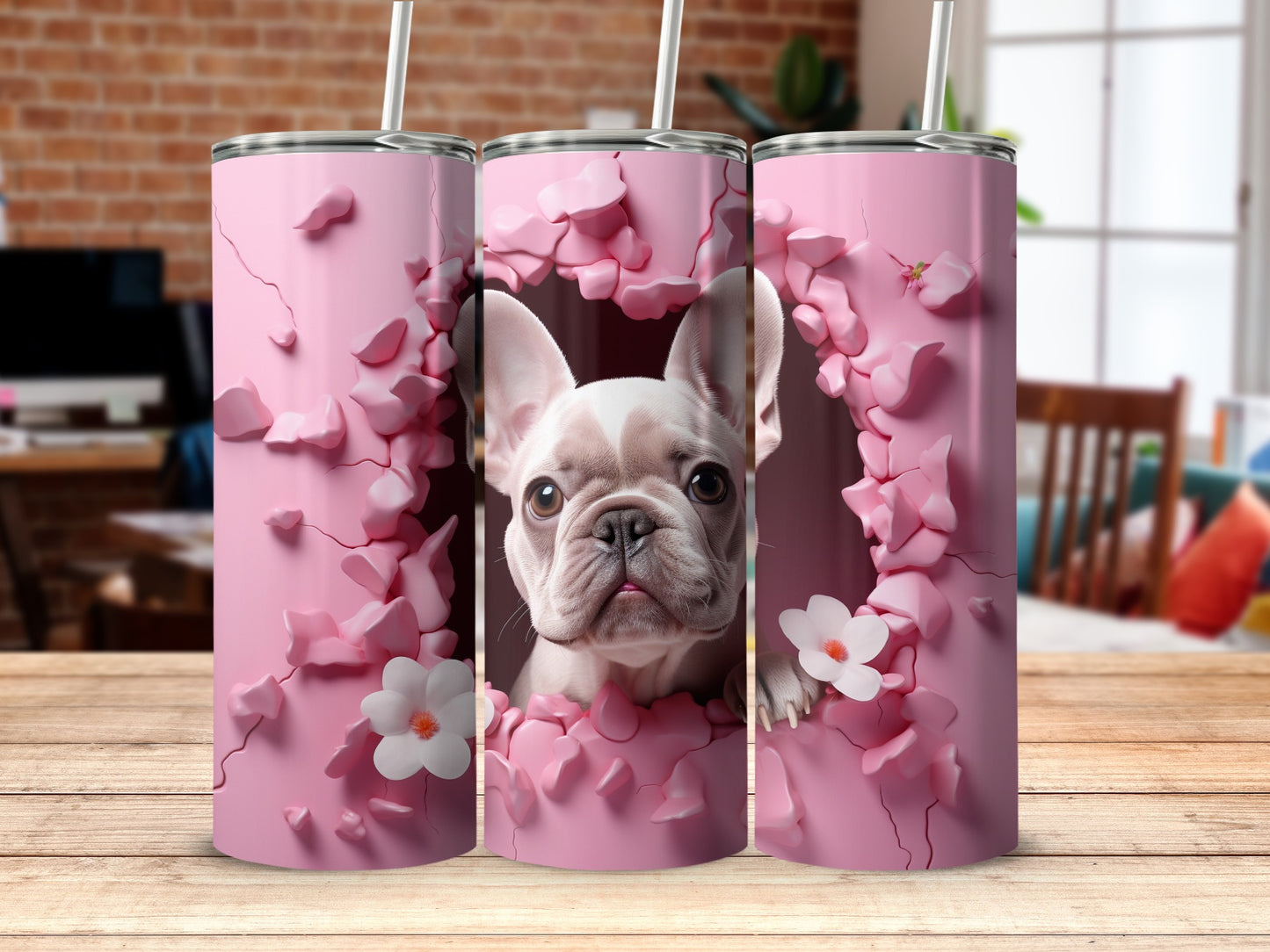 Adorable French Bulldog Pink Petals Cracked Tumbler Art product type