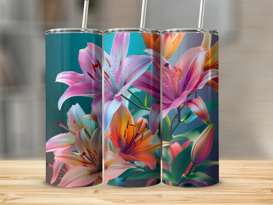 Three tumblers featuring vibrant pink and orange lilies against a blurred teal background.