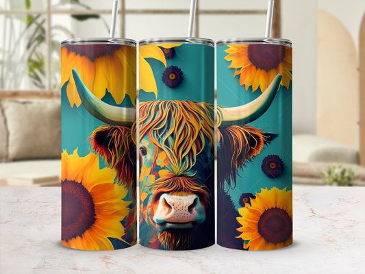 Highland cow and sunflowers on three tumblers.