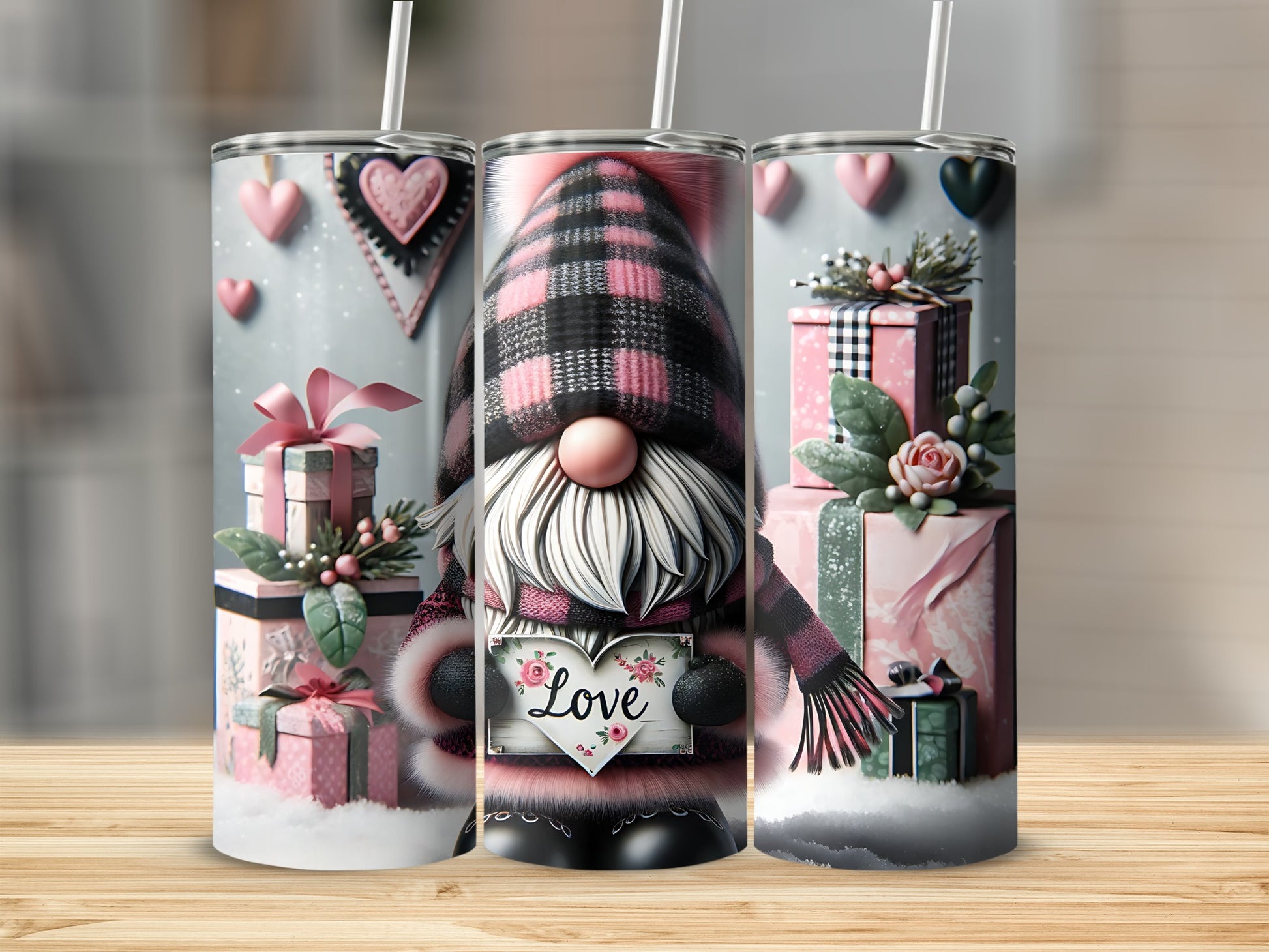 Gnome with pink plaid hat holding "Love" sign surrounded by gifts.