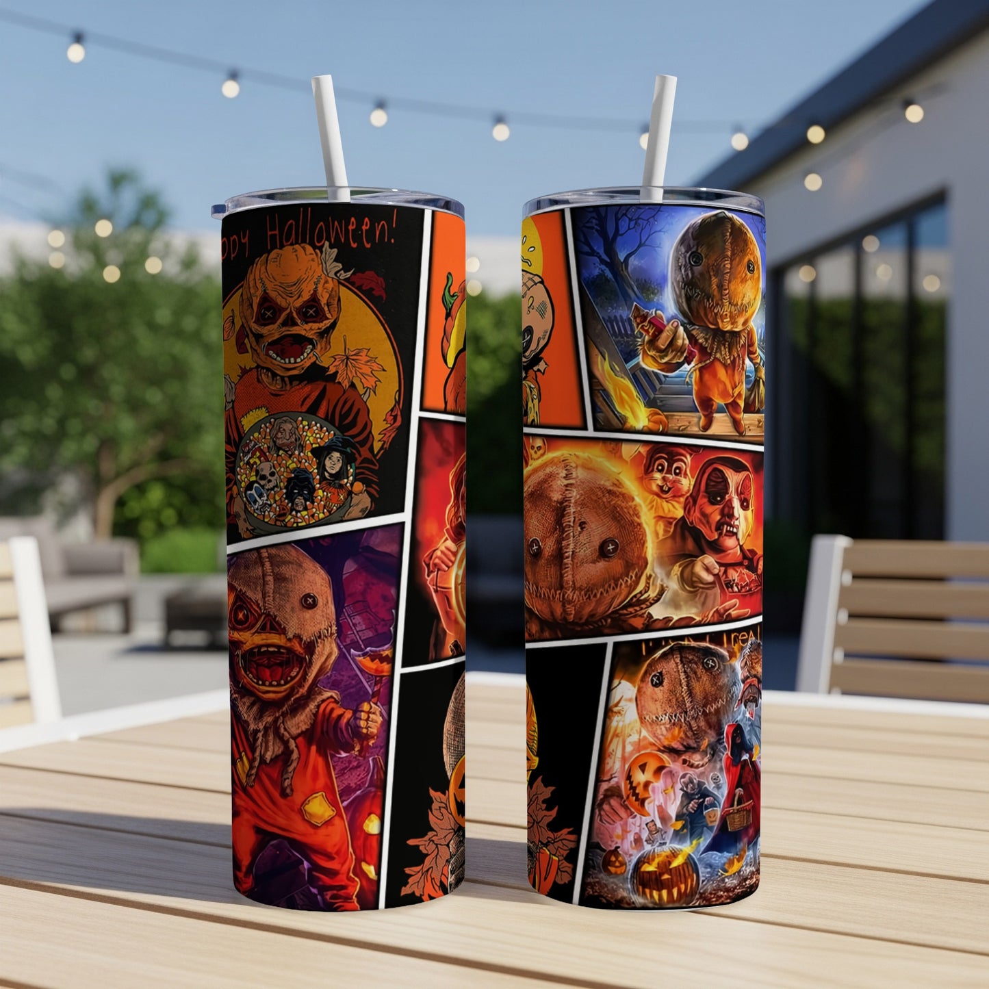 Two tumblers with comic-style Halloween characters, including Sam from Trick 'r Treat.