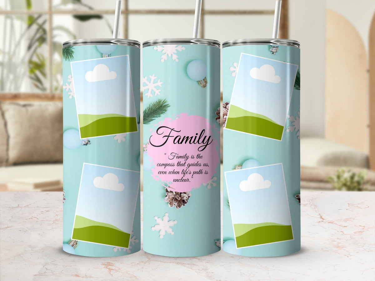 Three tumblers with a light blue design featuring snowflakes, pine sprigs, and quote.