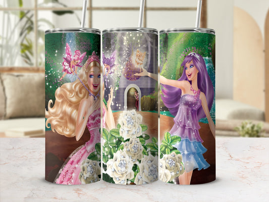Barbie princesses and fairies on a floral tumbler with a castle background.