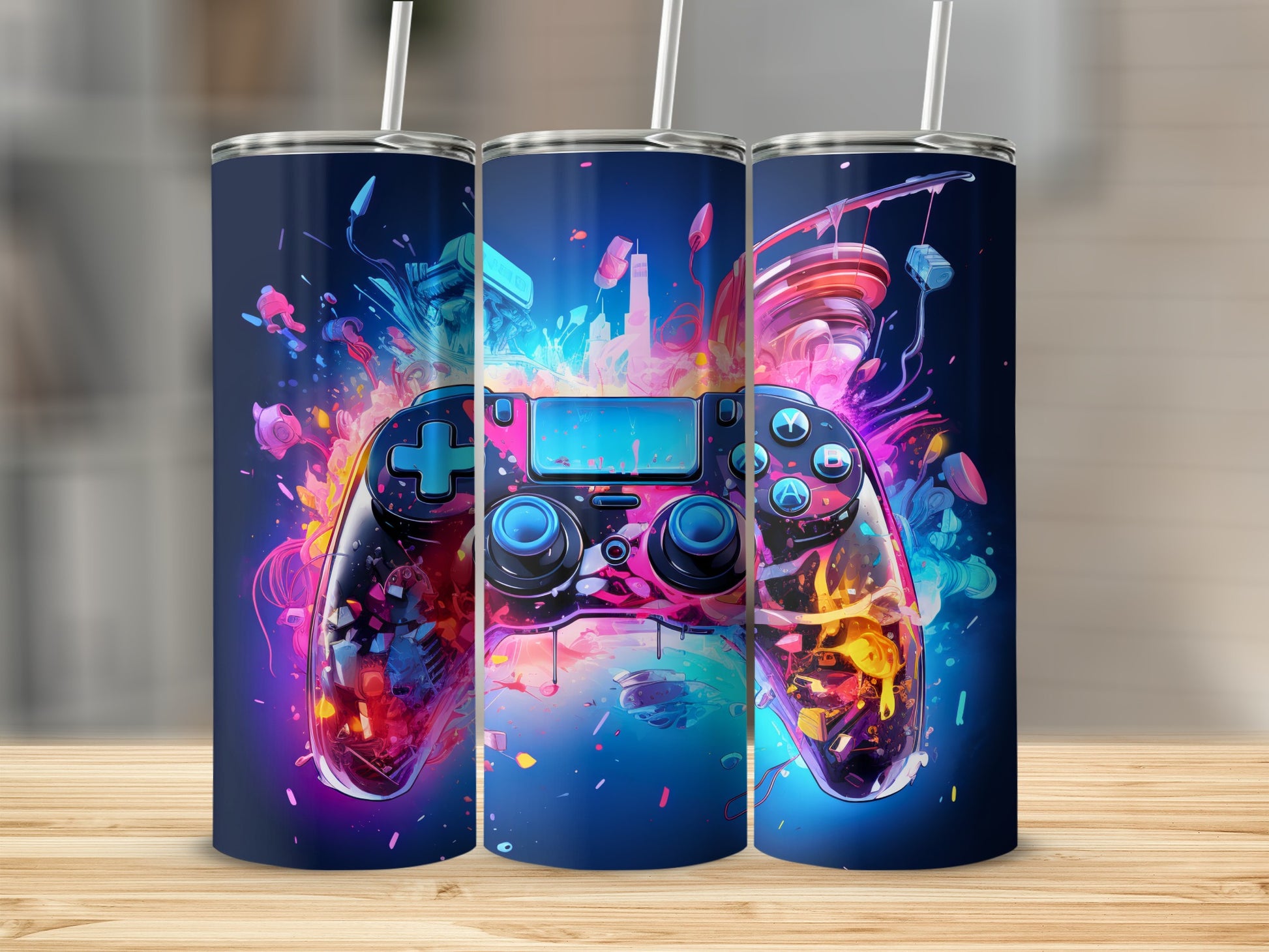 Gaming controller with vibrant splashes of color on a dark background.