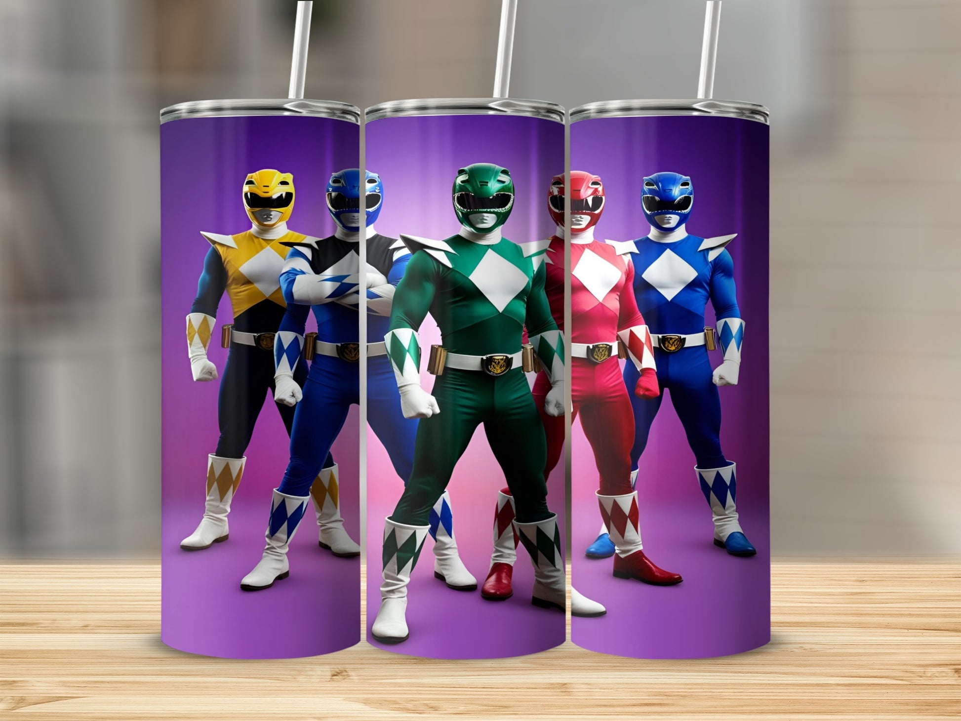 Three Power Rangers in black, green, and blue suits stand with arms at sides.