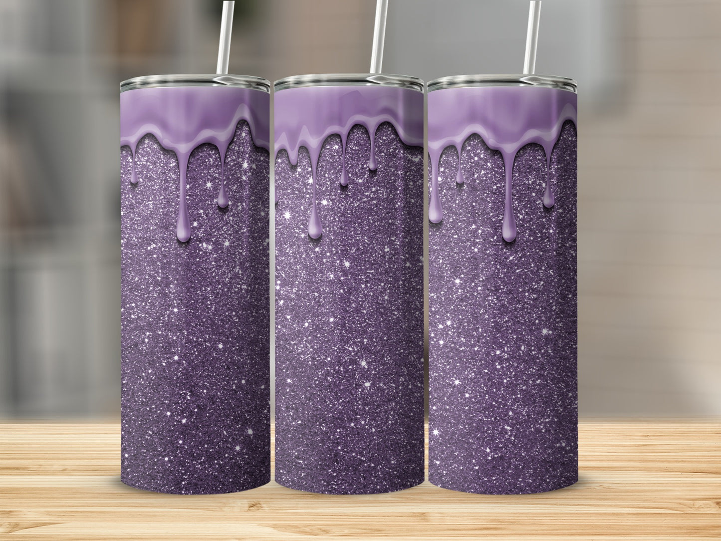 Purple Glitter Dripping Design Tumbler with Straw