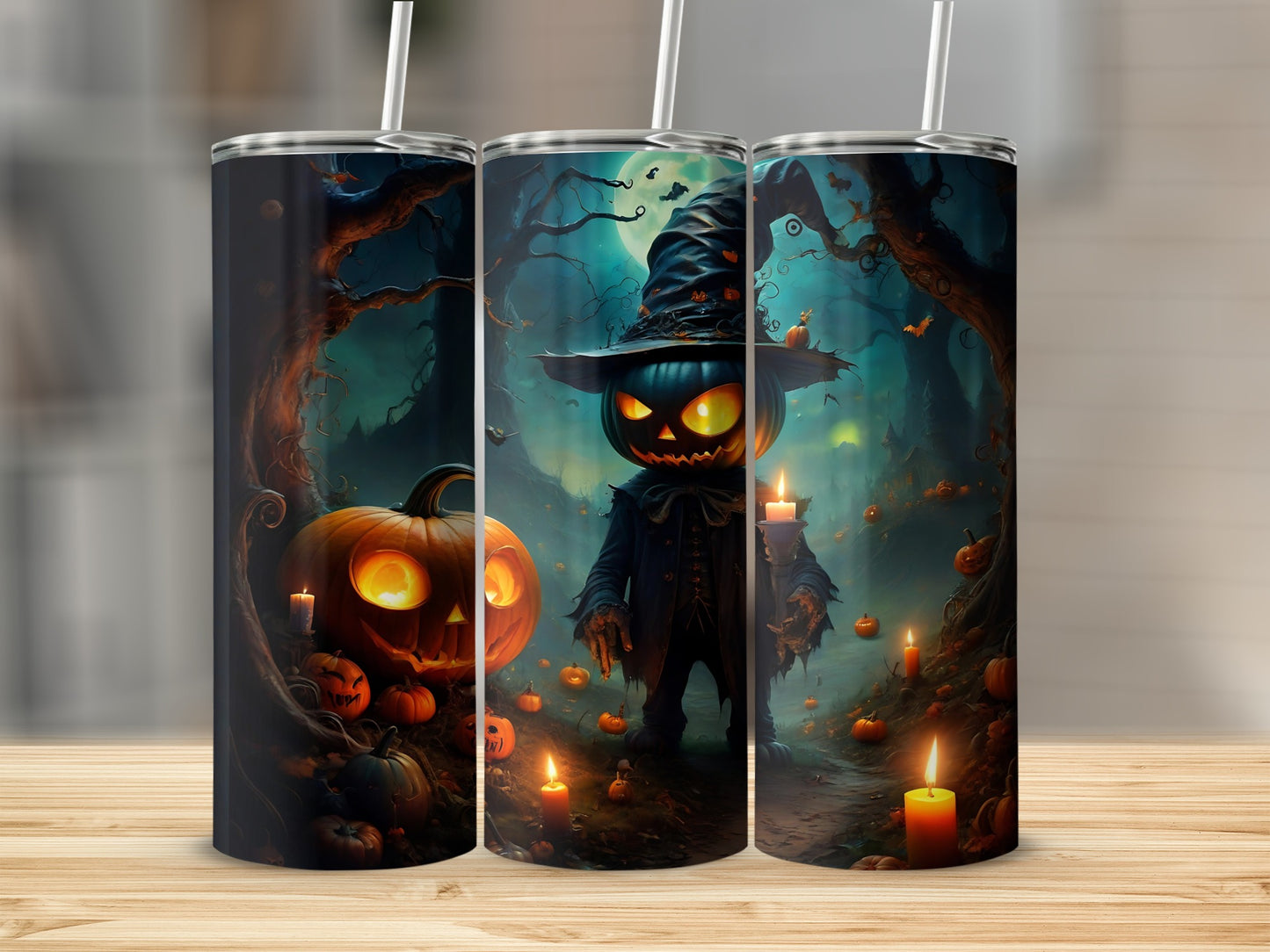 Halloween themed tumblers with jack-o'-lanterns and spooky scarecrow on dark background.