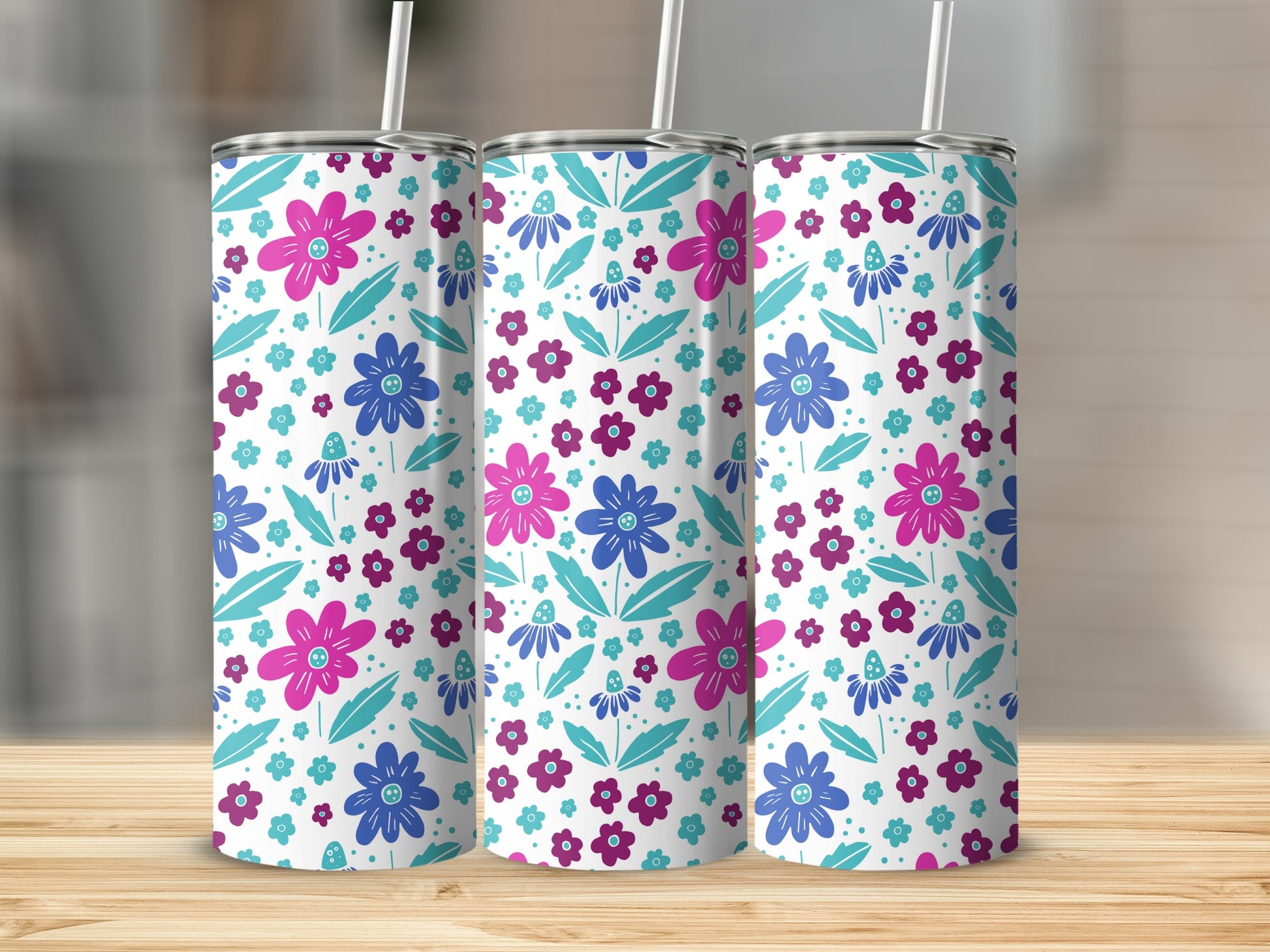 Colorful Floral Patterned Tumbler Cup with Straw