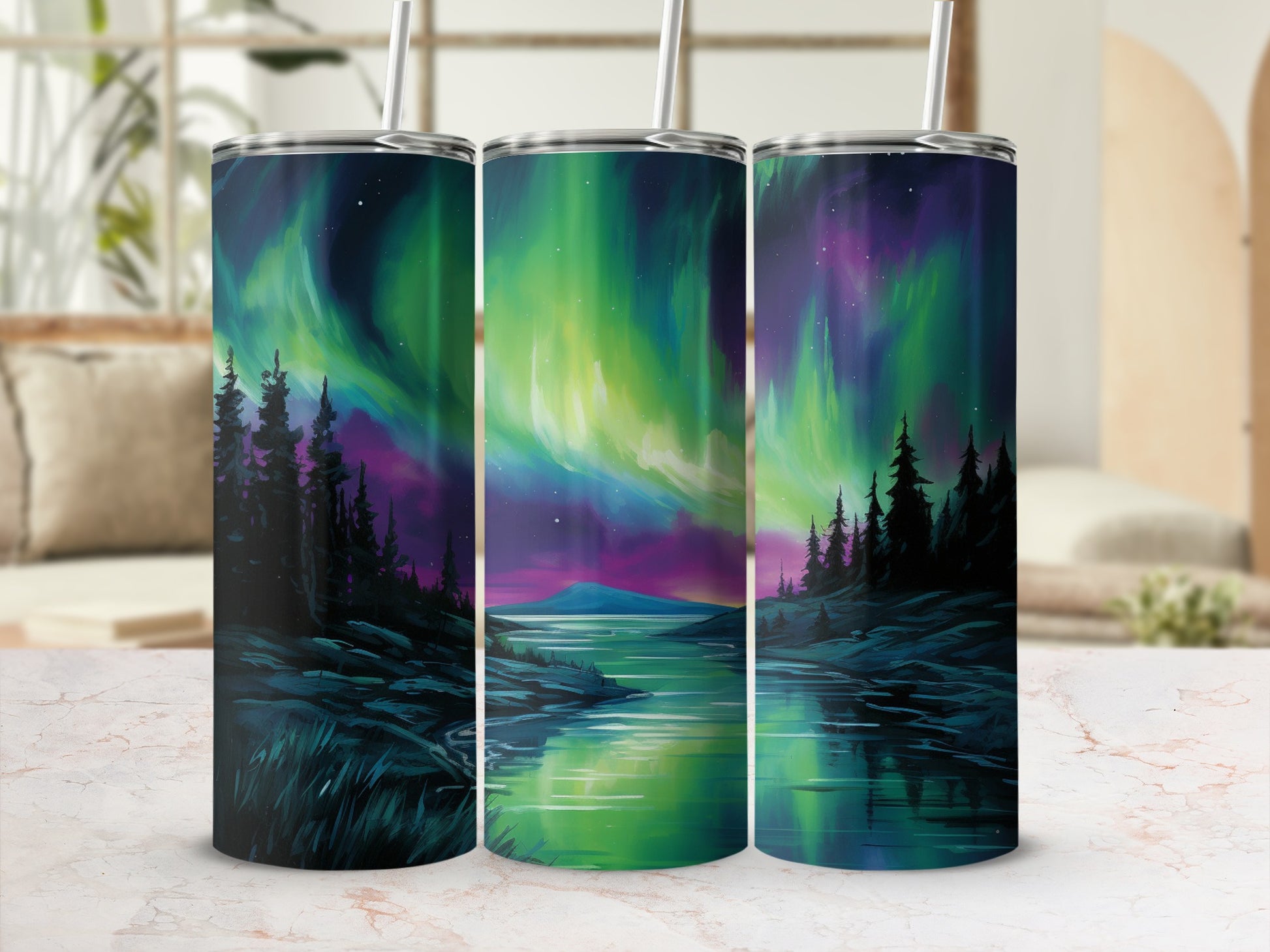 Northern Lights Forest Scene Tumbler Travel Mug