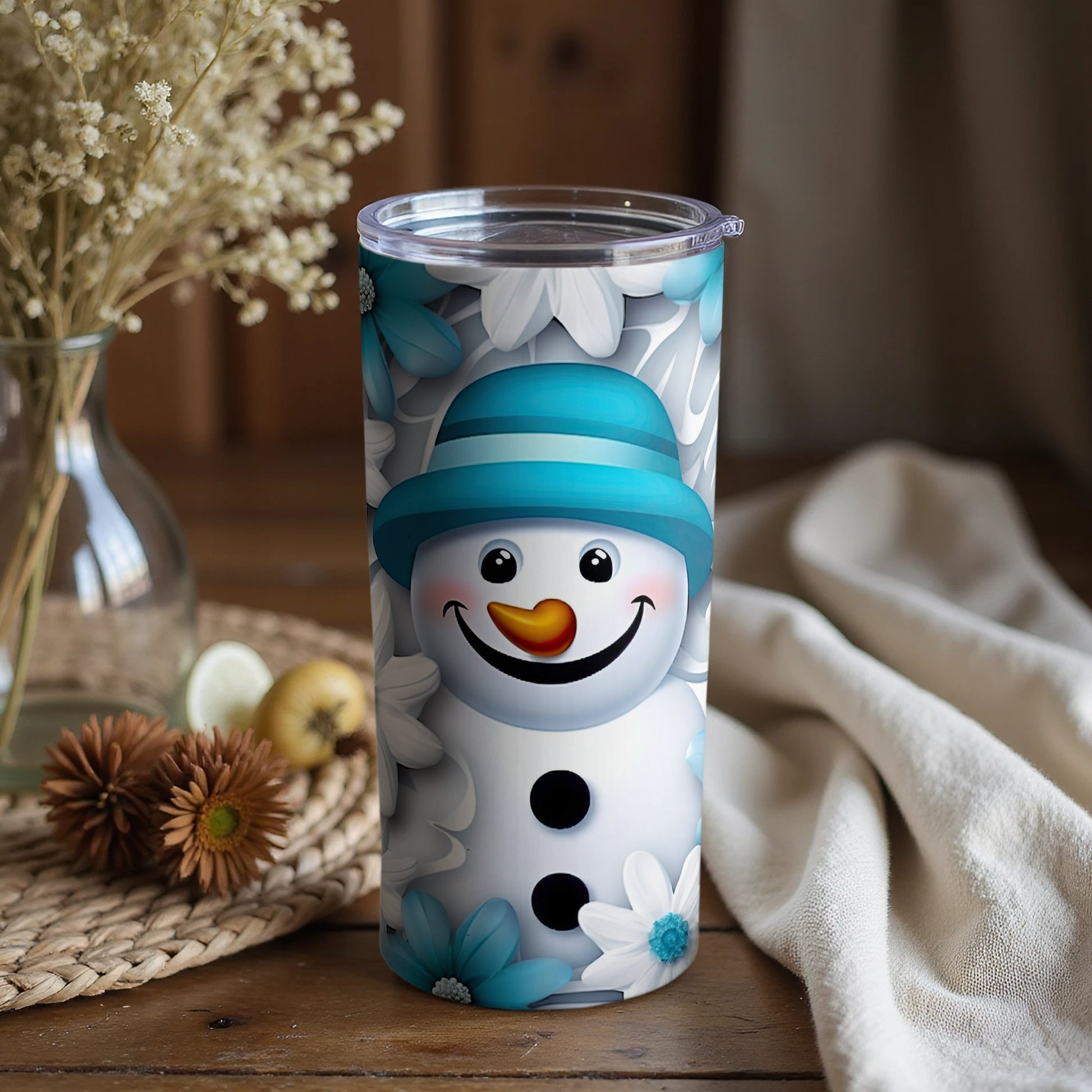 Smiling Snowman Tumbler with Blue Hat and Flowers
