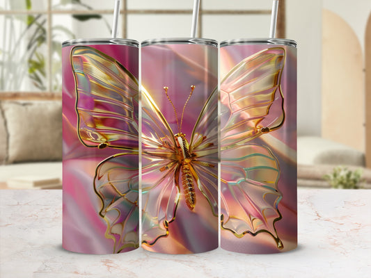Three iridescent tumblers with gold butterfly design on pink background.