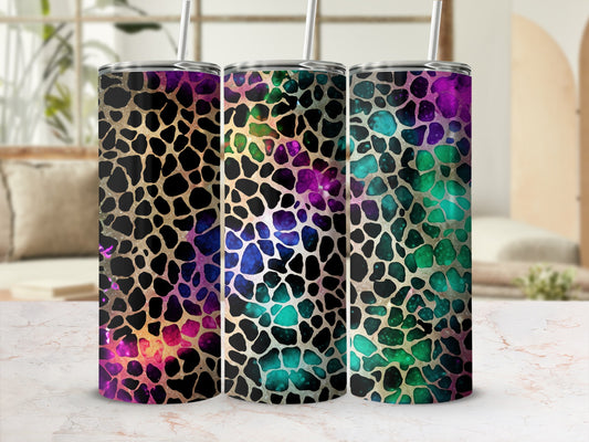 Three tumblers with a colorful giraffe print pattern.
