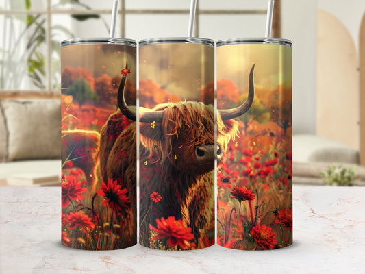 Highland cow surrounded by red wildflowers in a sunny meadow.