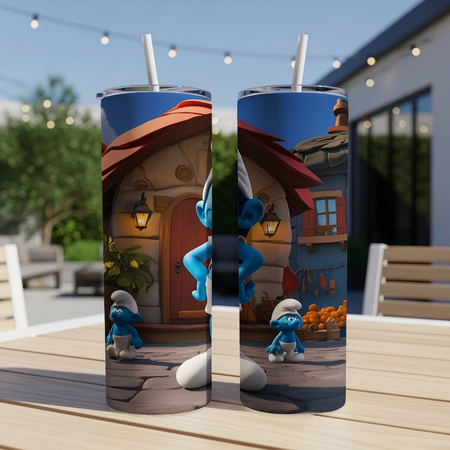 Two skinny tumblers featuring Smurfs and a Smurf house on a table outdoors.